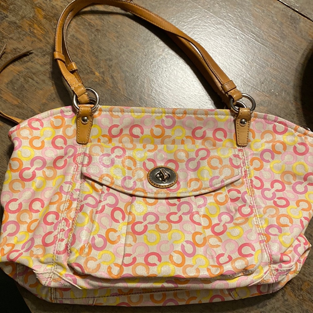 Coach Leah signature bag. Pink, orange, yellow.
